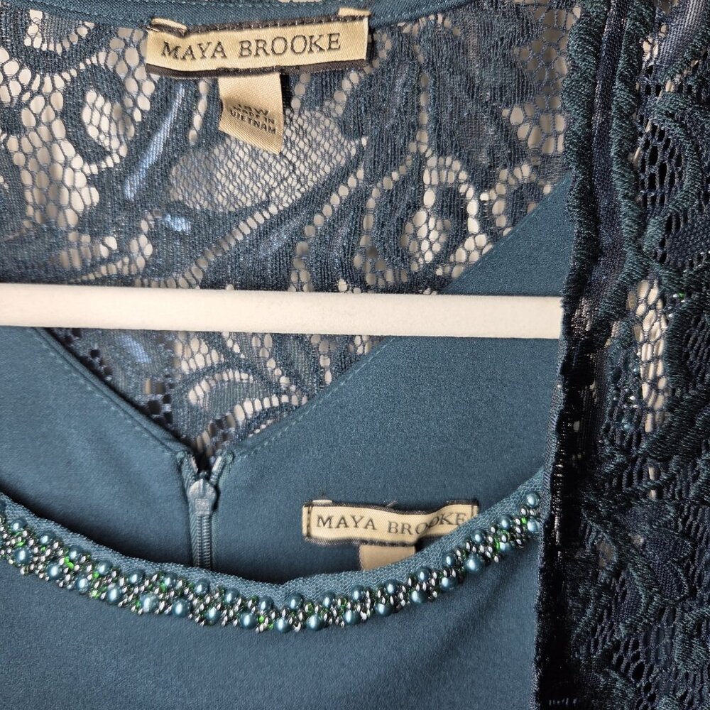 Maya Brooke Mallard Teal Green MOB Formal Midi Dress Lace Jacket/Pearls 18W NWT - Picture 13 of 13